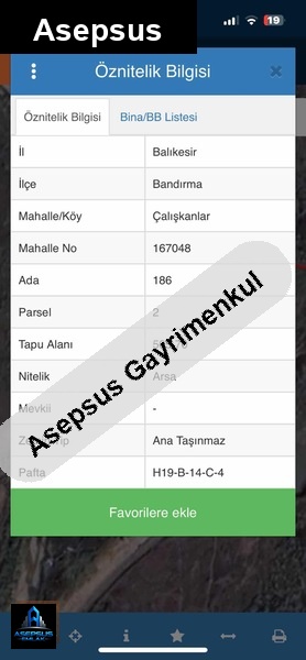 Asepsus Emlak'tan  çalışkanlar mh. 'sinde satılık arsa