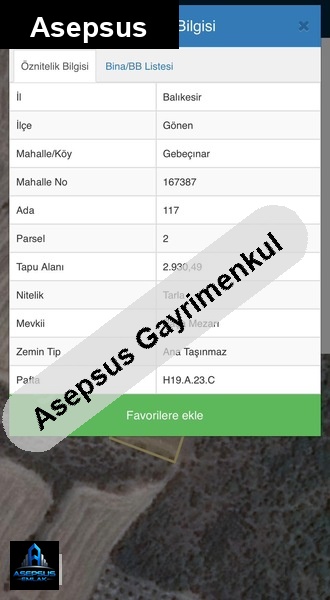 Asepsus Emlak'tan  gebeçınar mh. 'sinde satılık arsa
