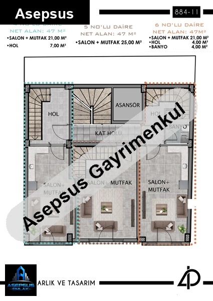 Asepsus Emlak'tan 1+1 ayyıldız mh. 'sinde satılık daire