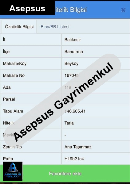 Asepsus Emlak'tan  beyköy mh. 'sinde satılık arsa