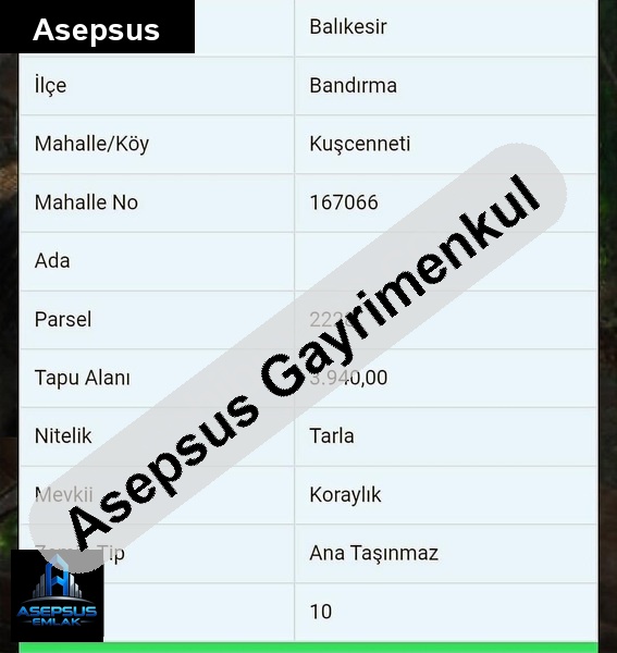 Asepsus Emlak'tan  kuşcenneti mh. 'sinde satılık arsa