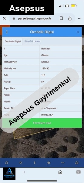 Asepsus Emlak'tan  şaroluk mh. 'sinde satılık arsa