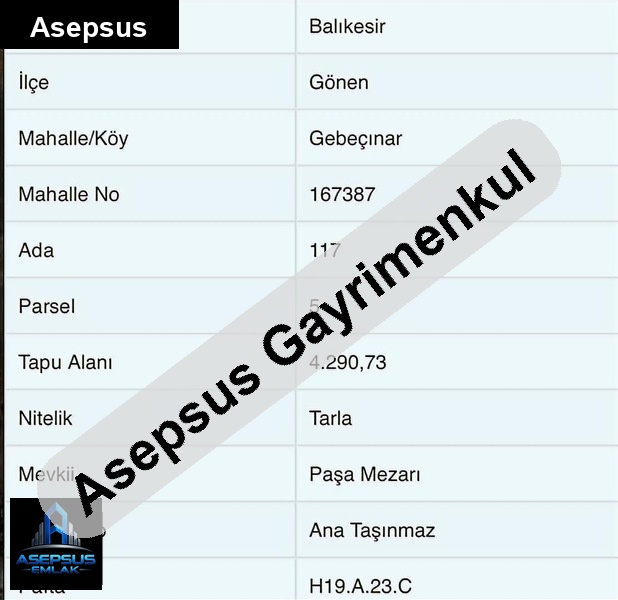 Asepsus Emlak'tan  gebeçınar mh. 'sinde satılık arsa