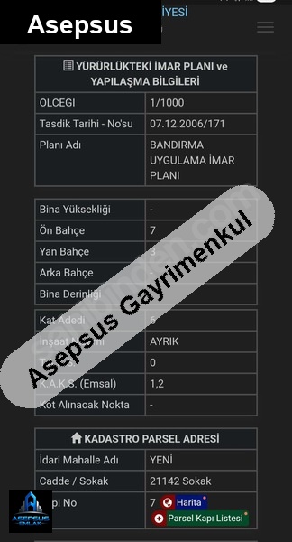 Asepsus Emlak'tan  yeni mah. 'sinde satılık arsa